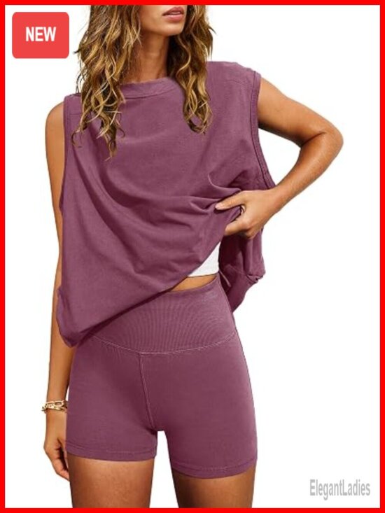 Tops - 2 Piece Matching Lounge Set with Tunic Top and Biker Shorts